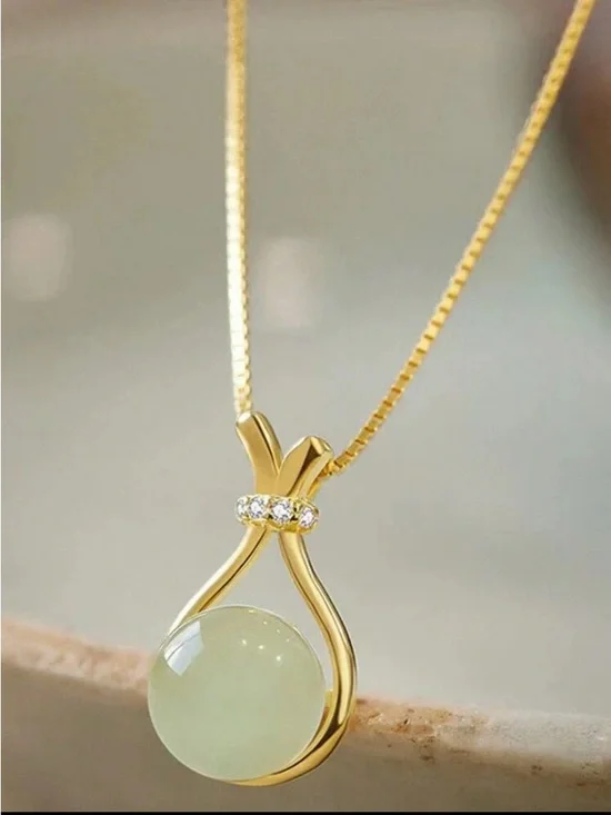 Gold Jade Pendant Necklace with Clear Crystal Accent - Green R 430 - Picture 5 of 5